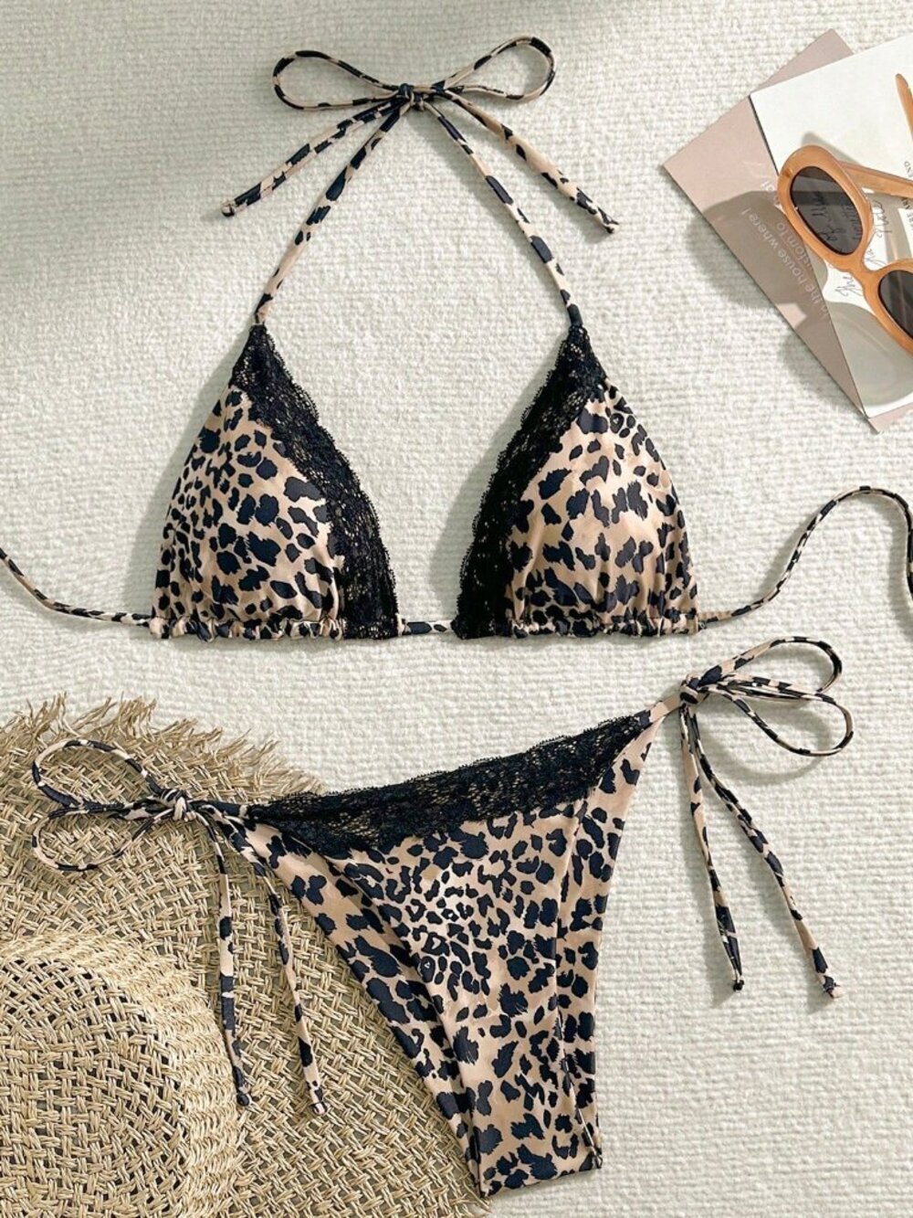 Multicolor Sexy Women's Leopard Print Lace Trim Halter Bikini Set